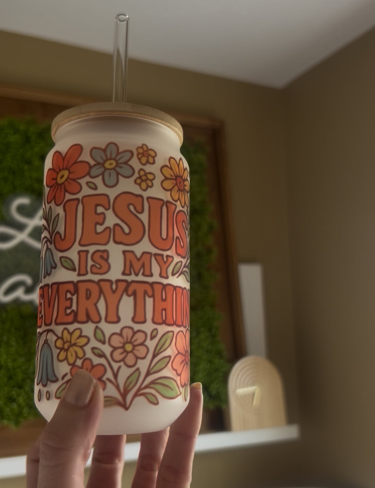 “Jesus is my Everything” glass can with lid.