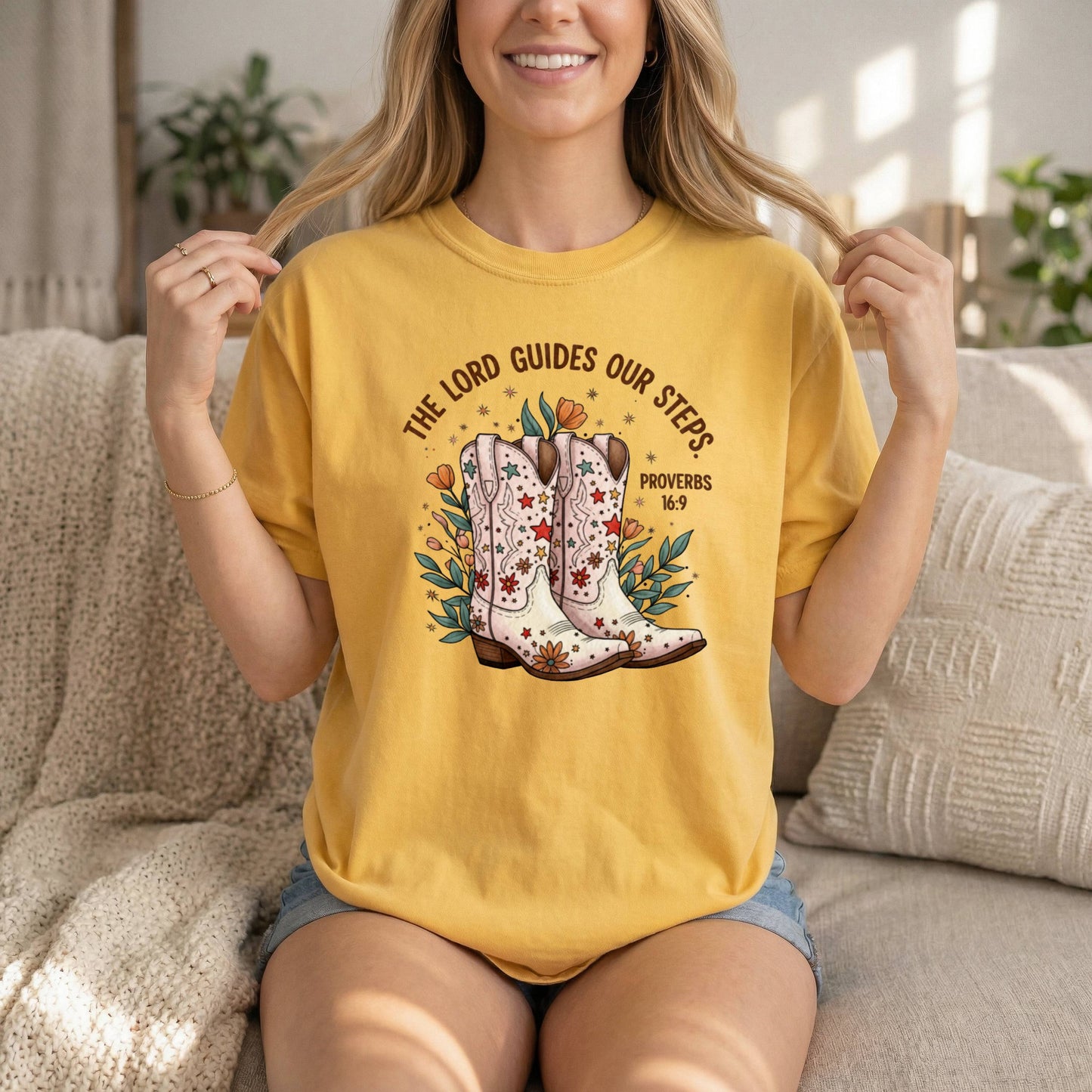 Comfort Colors Cowgirl T-Shirt | God guides my steps Proverbs 16:9 | Inspirational Religious Tee for Women | Bible Verse, Spiritual Gift