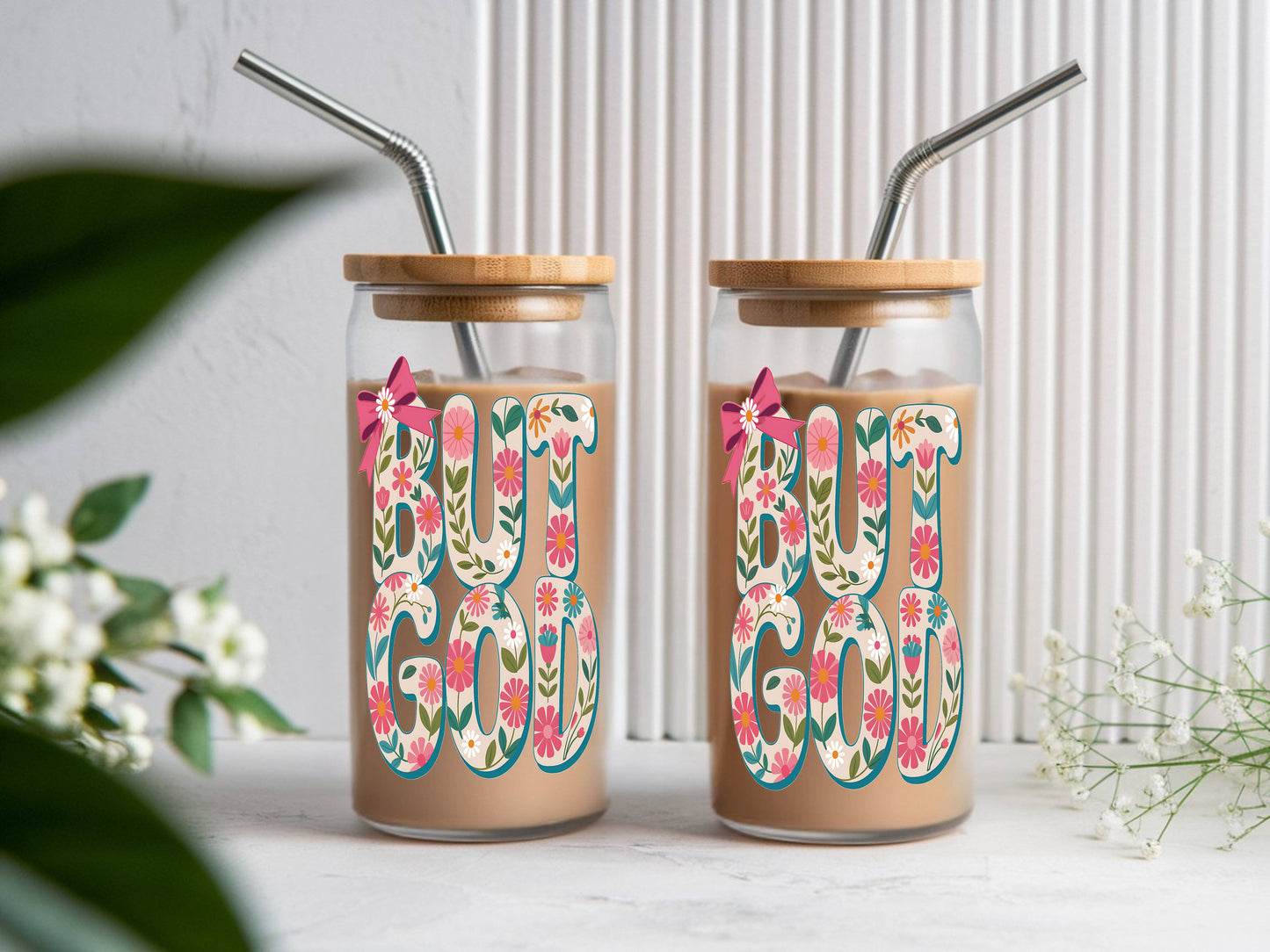 16 oz Glass Tumbler, Floral "God" Design, Bamboo Lid, Reusable Straw