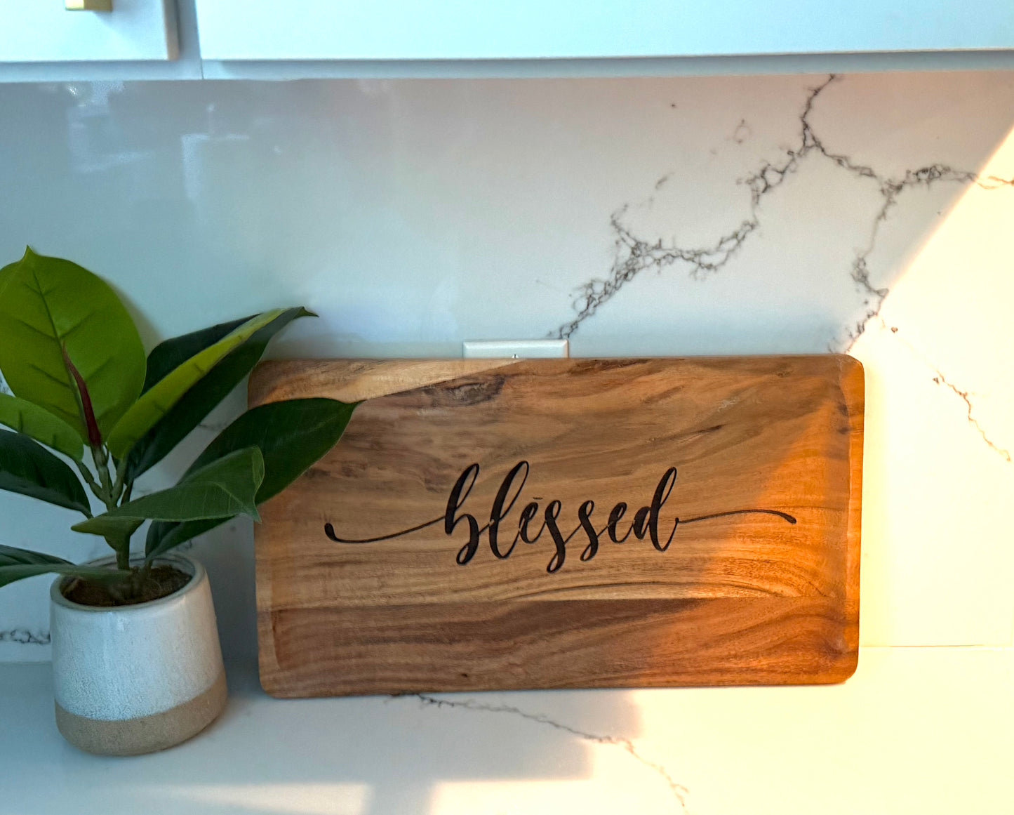 Solid wood decorative tray by Sons & Daughters, blessed acacia platter with faith-inspired design for home serving decor.
