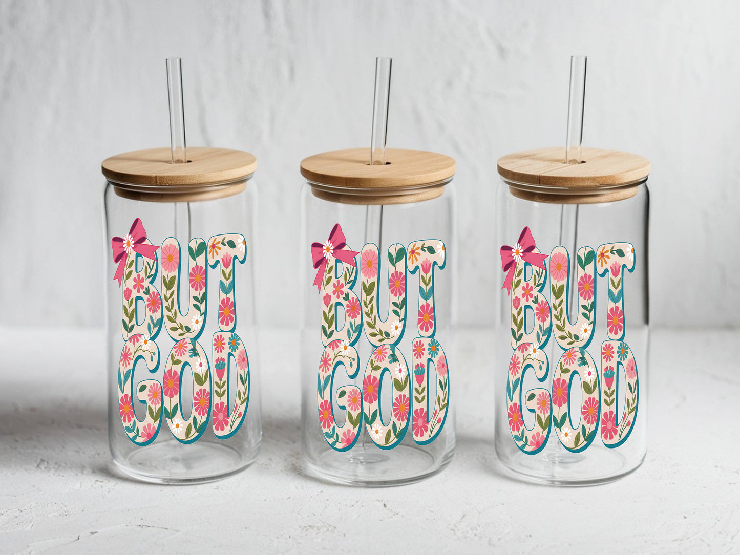 16 oz Glass Tumbler, Floral "God" Design, Bamboo Lid, Reusable Straw