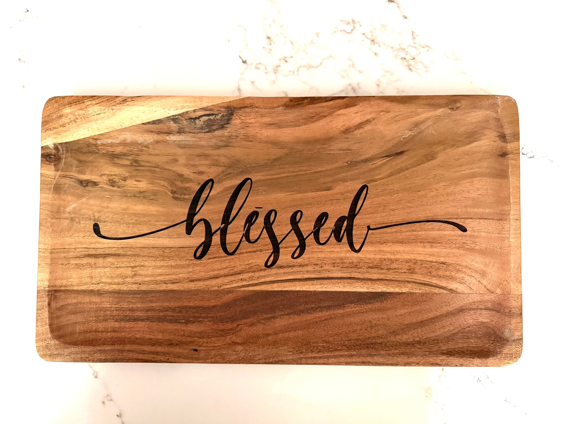 Soild wood decorative tray from Sons & Daughters, blessed acacia platter for faith-themed home decor, serving or display use.