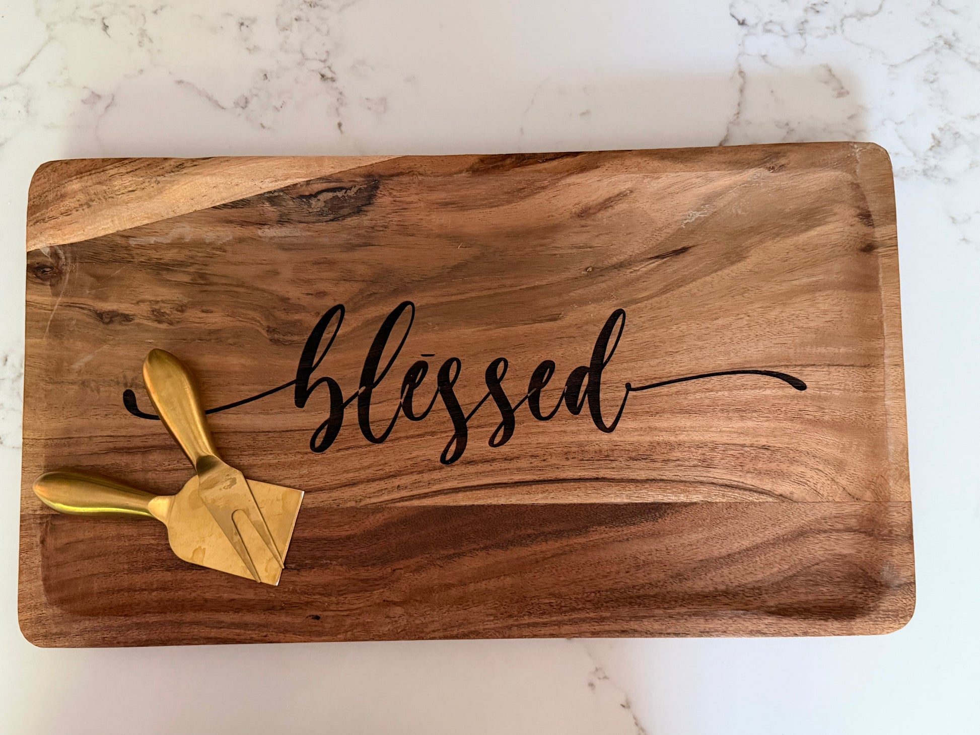 Solid wood decorative tray from Sons & Daughters, blessed acacia platter for faith-themed home decor, featuring intricate carved details.