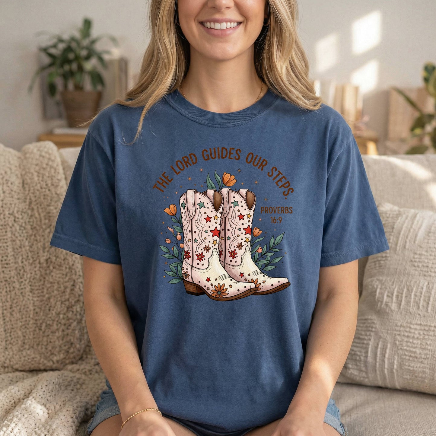 Comfort Colors Cowgirl T-Shirt | God guides my steps Proverbs 16:9 | Inspirational Religious Tee for Women | Bible Verse, Spiritual Gift