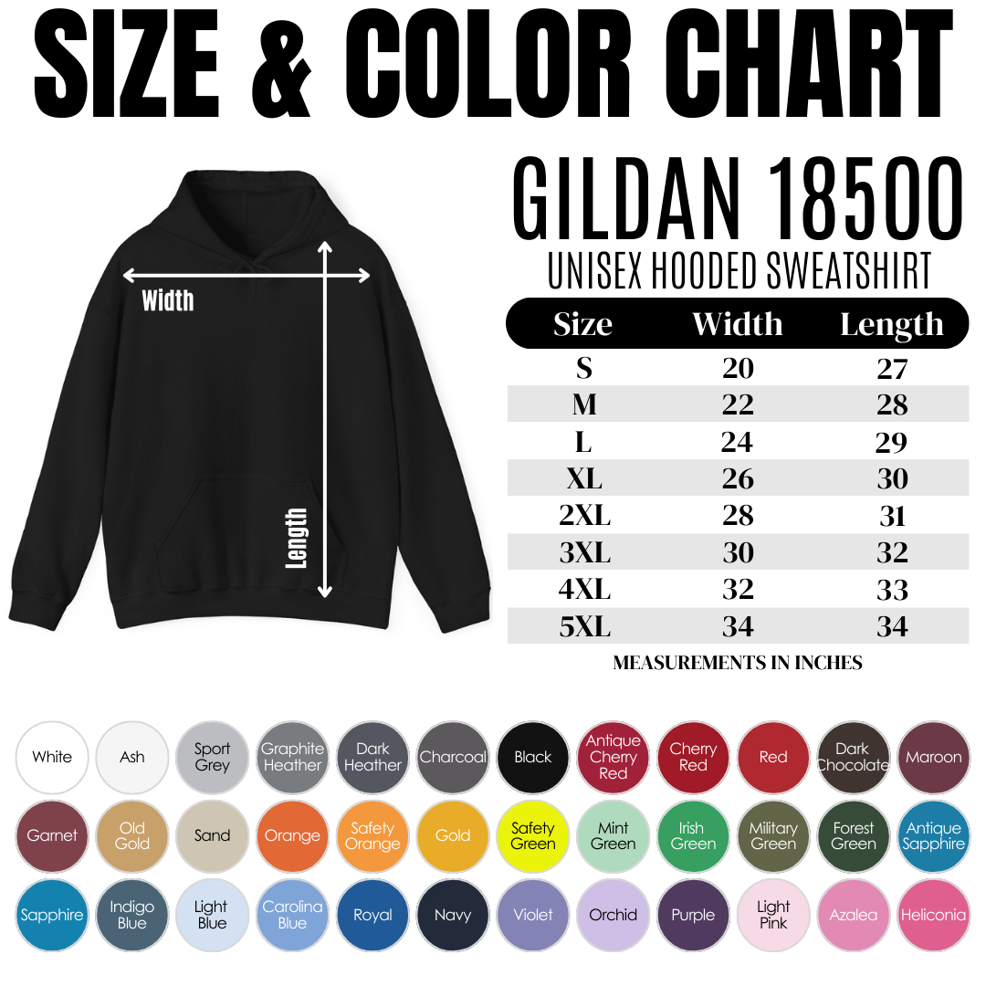 Chart showing size and color options for the Sons & Daughters "Created for Such a Time as This" hoodie by Gildan 18500.