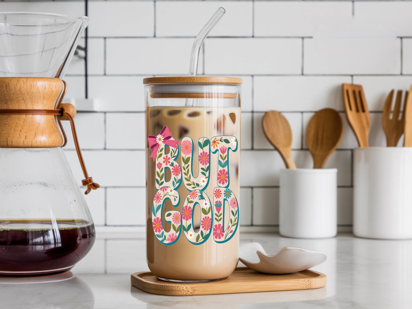16 oz Glass Tumbler, Floral "God" Design, Bamboo Lid, Reusable Straw