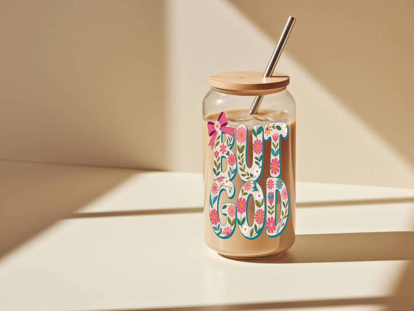 16 oz Glass Tumbler, Floral "God" Design, Bamboo Lid, Reusable Straw