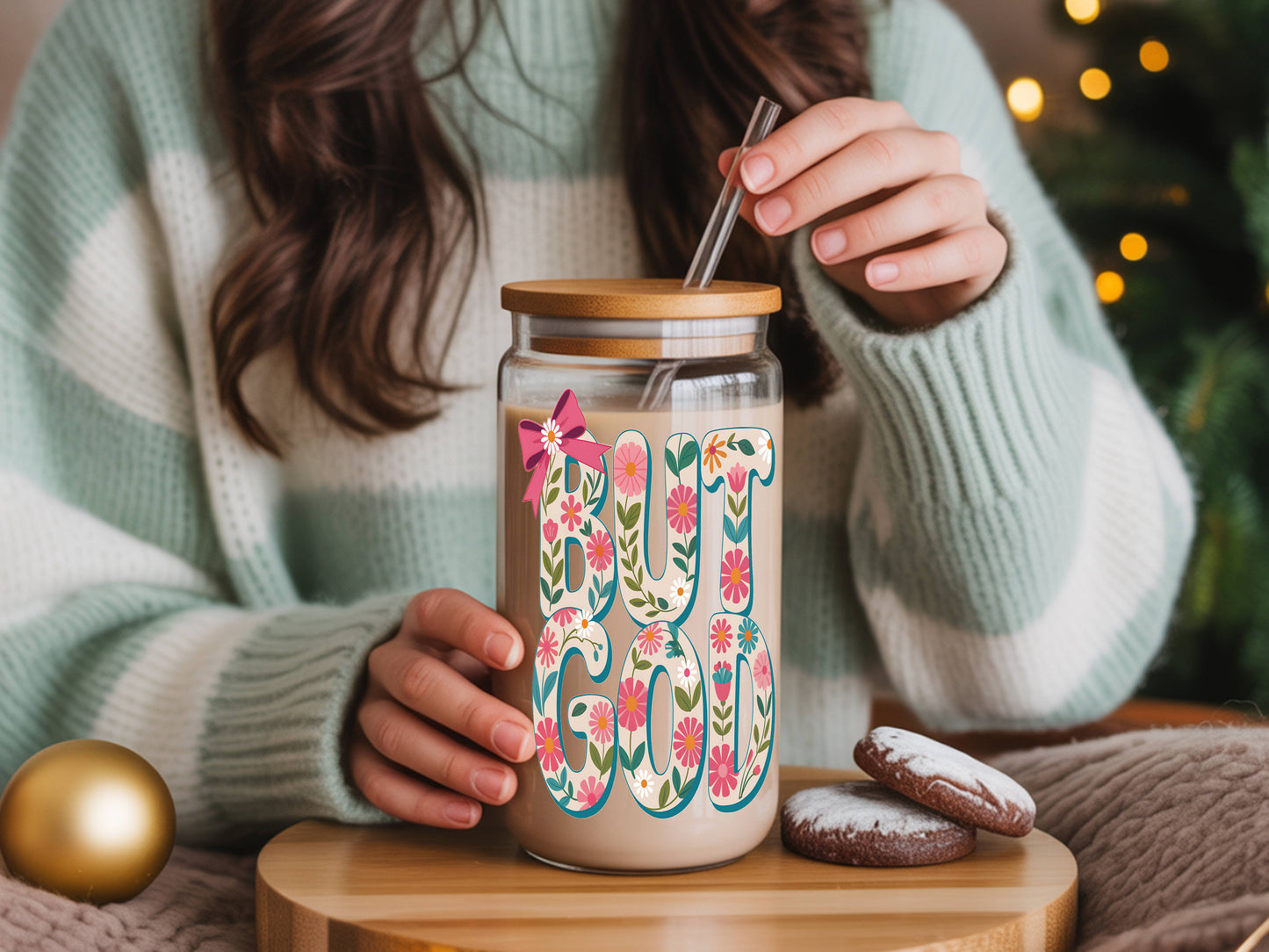 16 oz Glass Tumbler, Floral "God" Design, Bamboo Lid, Reusable Straw