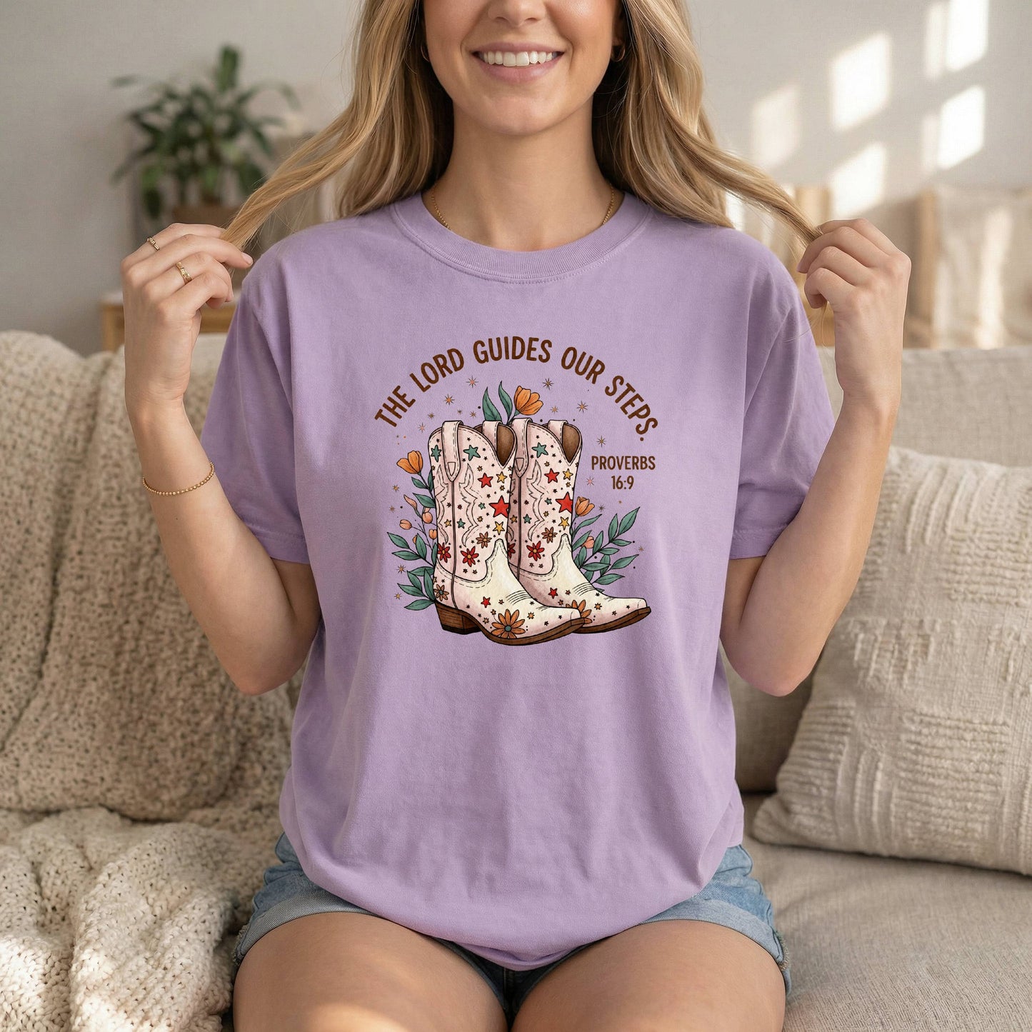 Comfort Colors Cowgirl T-Shirt | God guides my steps Proverbs 16:9 | Inspirational Religious Tee for Women | Bible Verse, Spiritual Gift