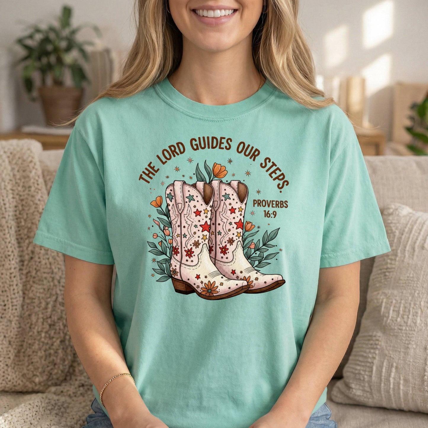 Comfort Colors Cowgirl T-Shirt | God guides my steps Proverbs 16:9 | Inspirational Religious Tee for Women | Bible Verse, Spiritual Gift