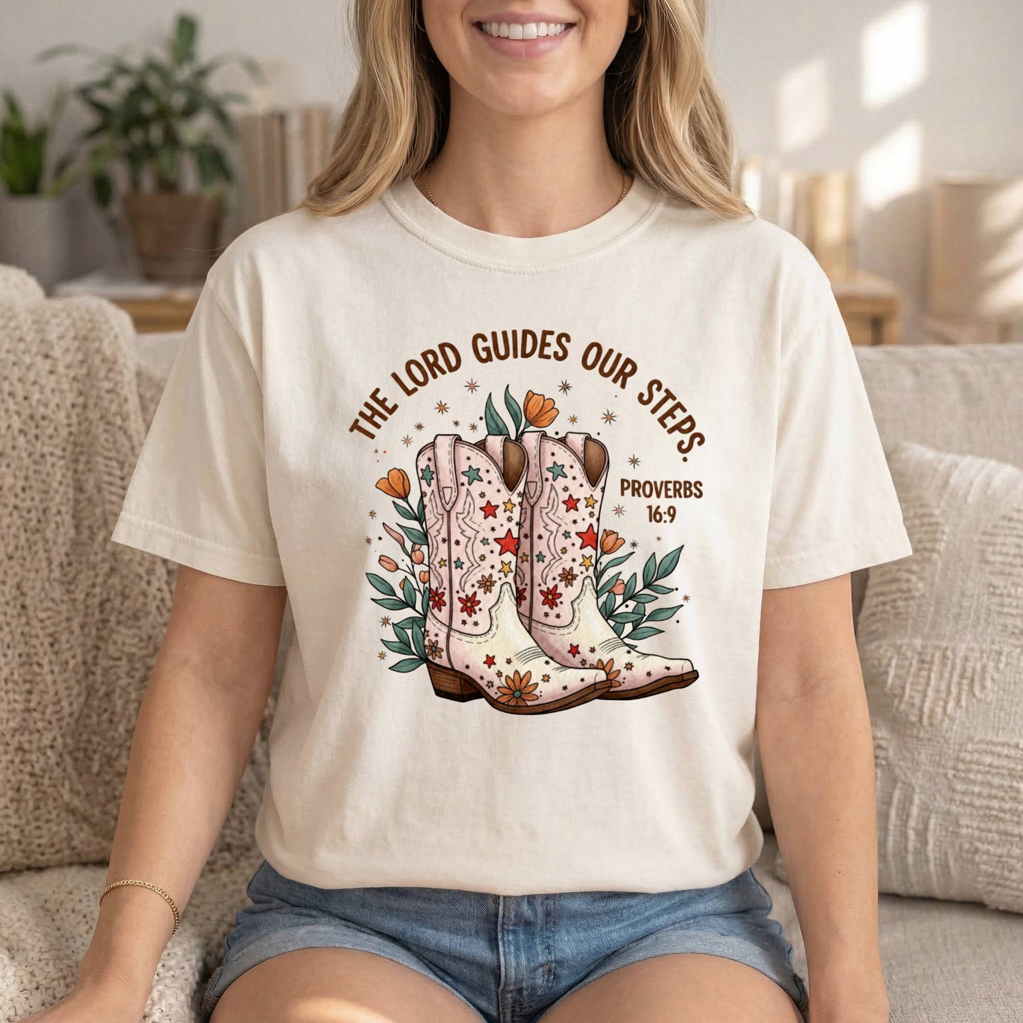 Comfort Colors Cowgirl T-Shirt | God guides my steps Proverbs 16:9 | Inspirational Religious Tee for Women | Bible Verse, Spiritual Gift