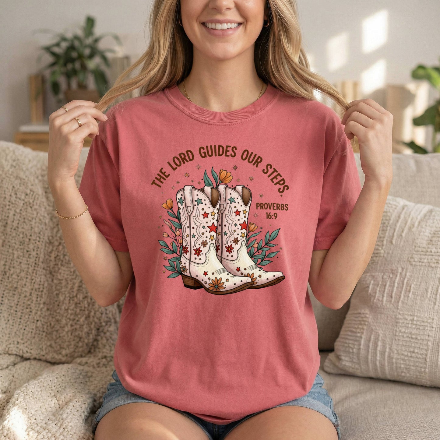 Comfort Colors Cowgirl T-Shirt | God guides my steps Proverbs 16:9 | Inspirational Religious Tee for Women | Bible Verse, Spiritual Gift